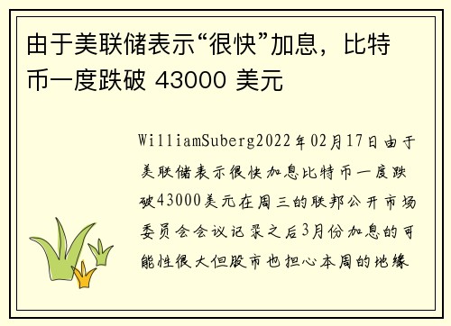 由于美联储表示“很快”加息，比特币一度跌破 43000 美元 